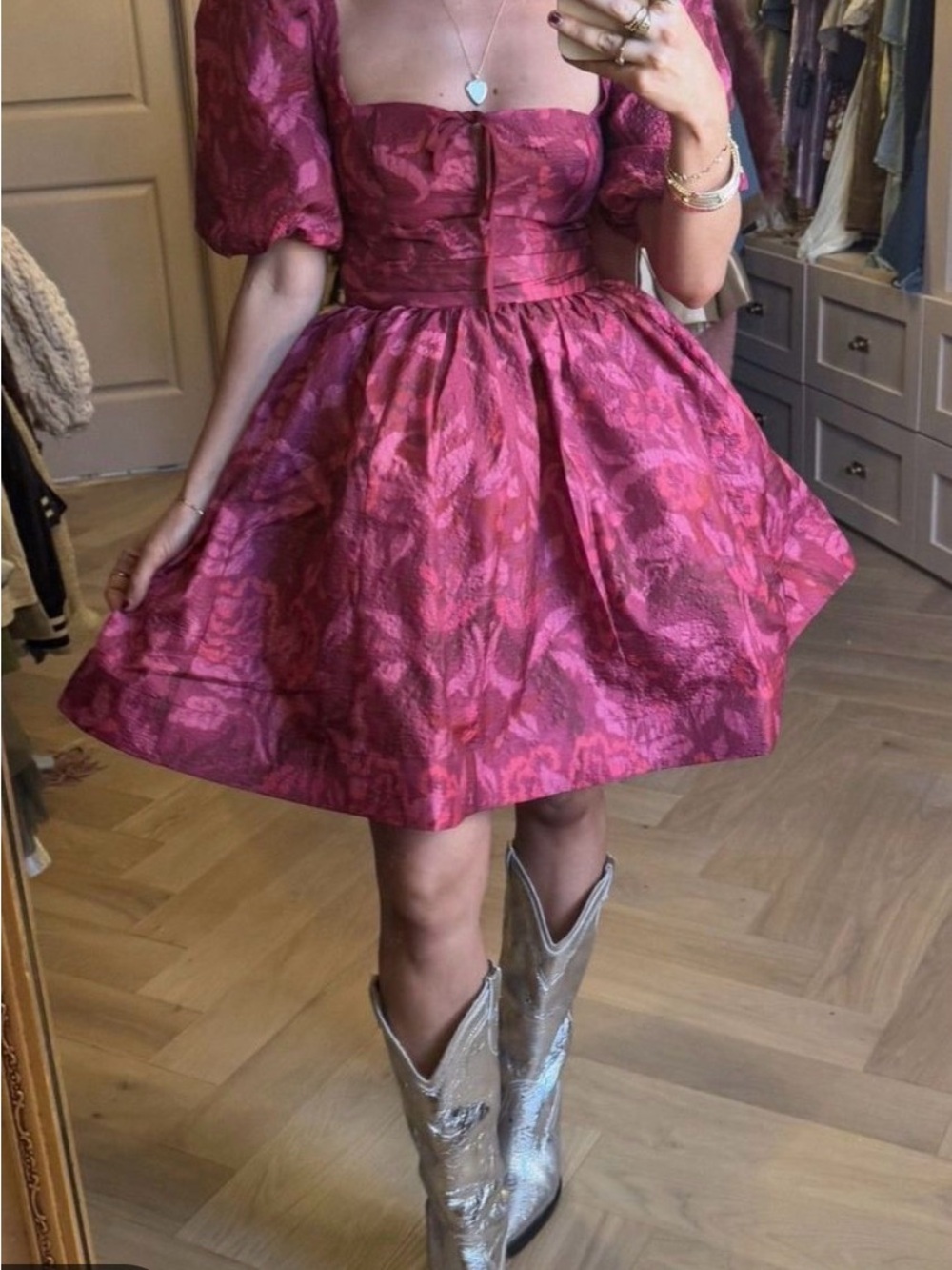 BHLDN Fuchsia Floral Puff-Sleeve Mini Dress